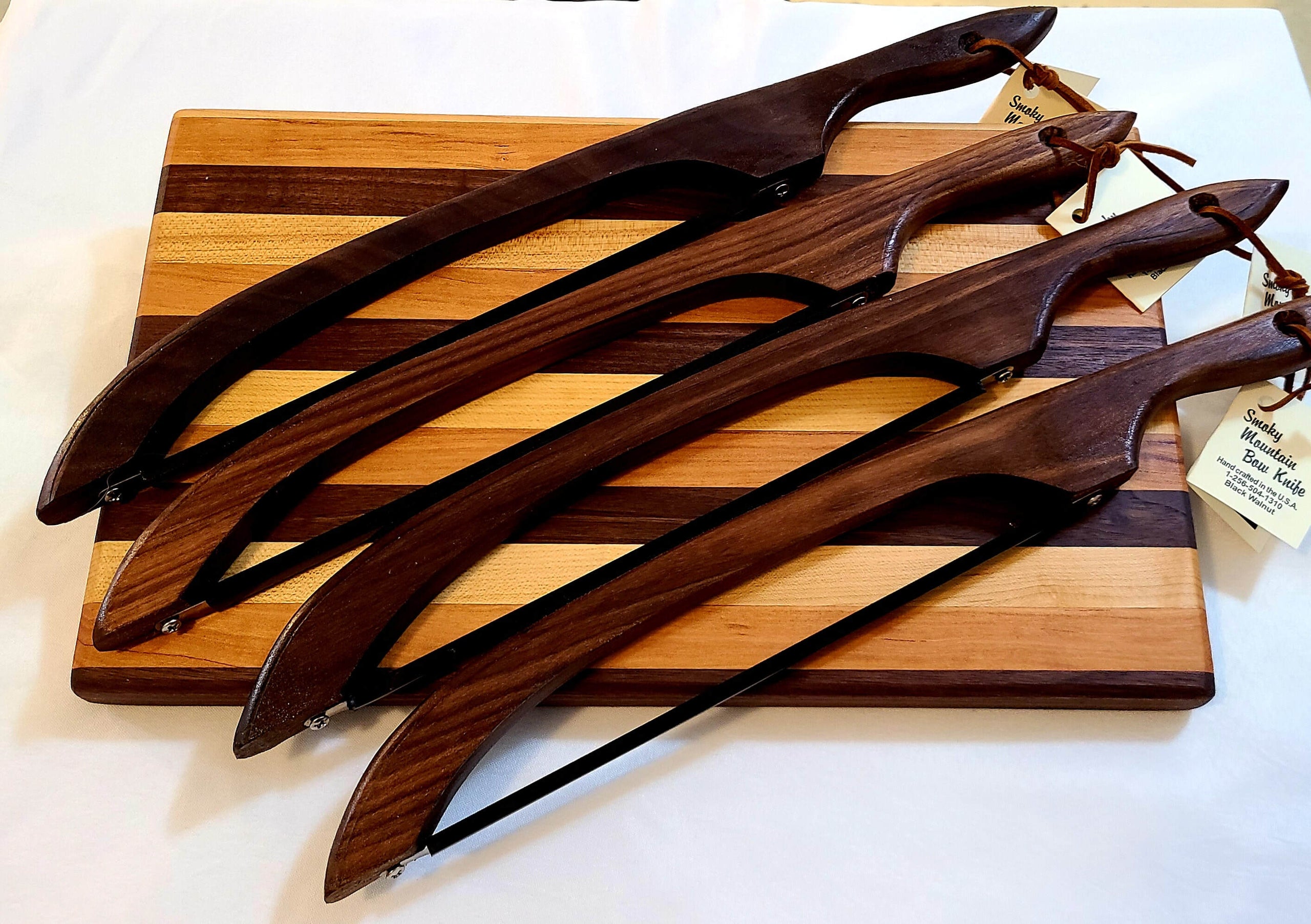 black walnut bow knife, bread knife, fiddle knife, cheese knife