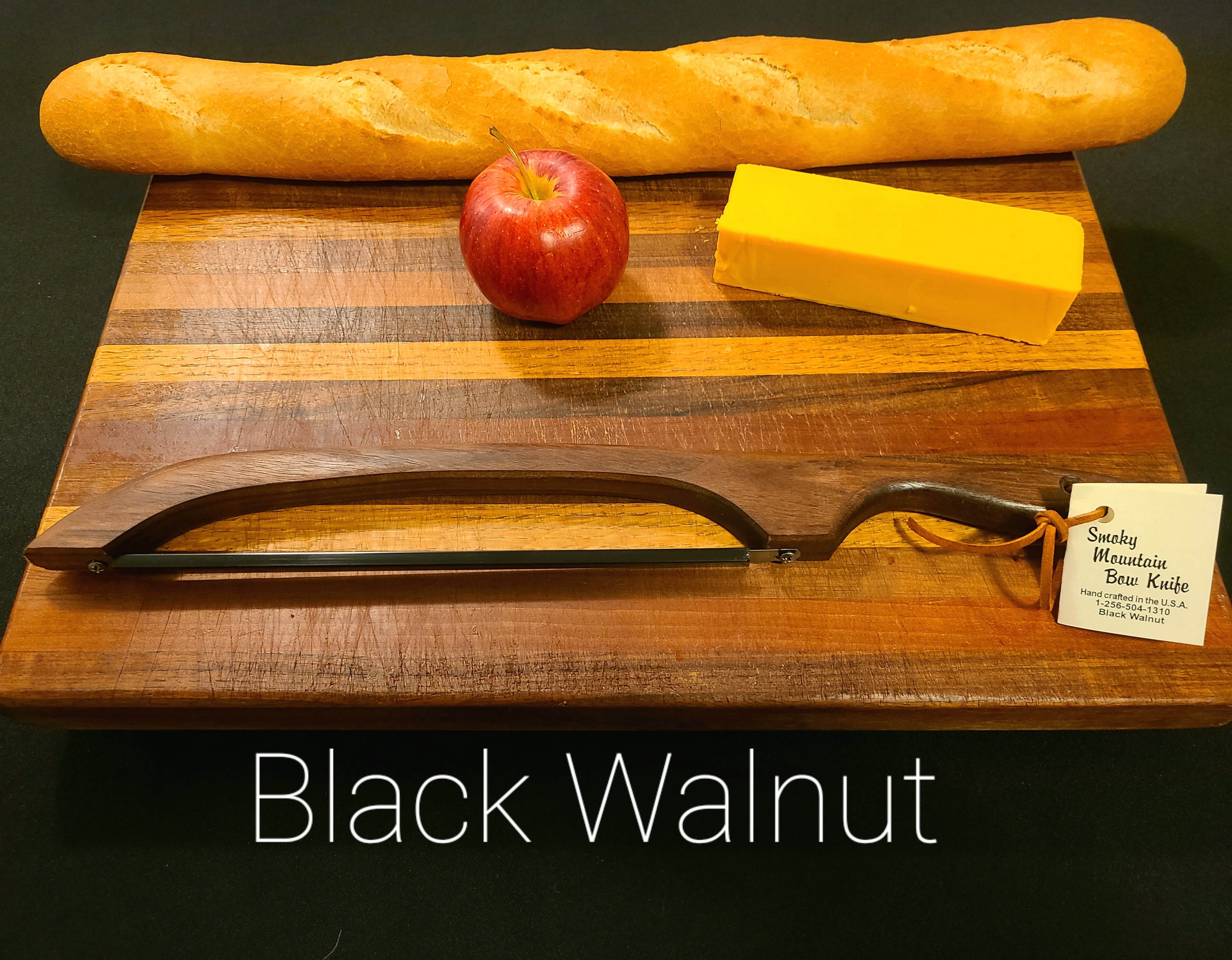 black walnut bow knife, bread knife, fiddle knife, cheese knife