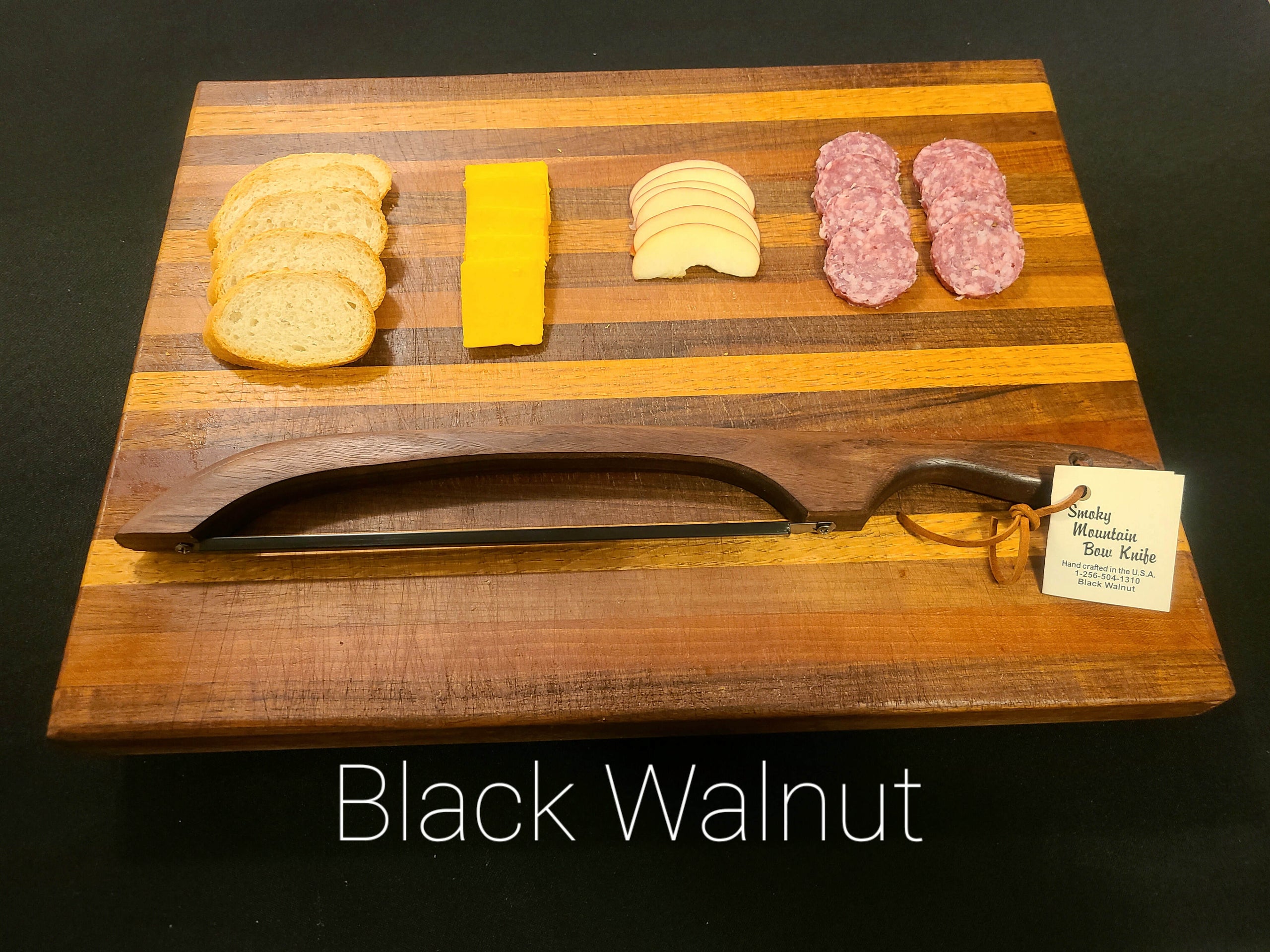 black walnut bow knife, bread knife, fiddle knife, cheese knife