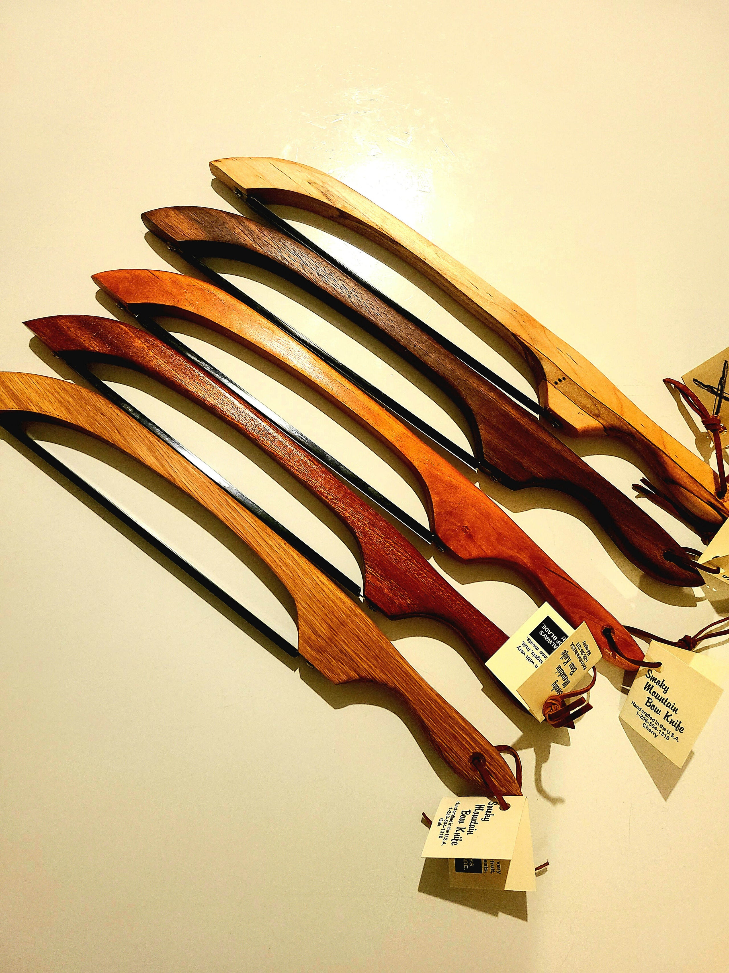 black walnut bow knife, bread knife, fiddle knife, cheese knife